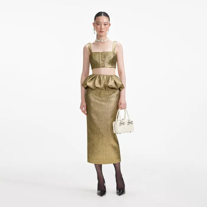 Gold Metallic Jacquard Crop Top Women Self Portrait Tops