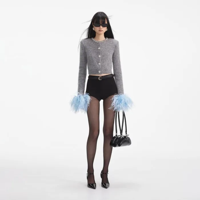 Grey Contrast Feather Cardigan Women Self Portrait Tops