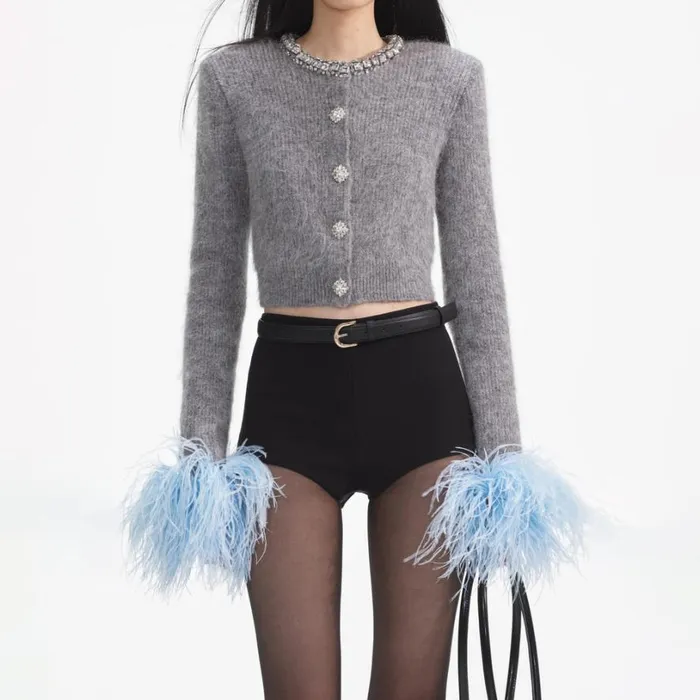 Grey Contrast Feather Cardigan Women Self Portrait Tops Grey Contrast Feather Cardigan Women Self Portrait Tops