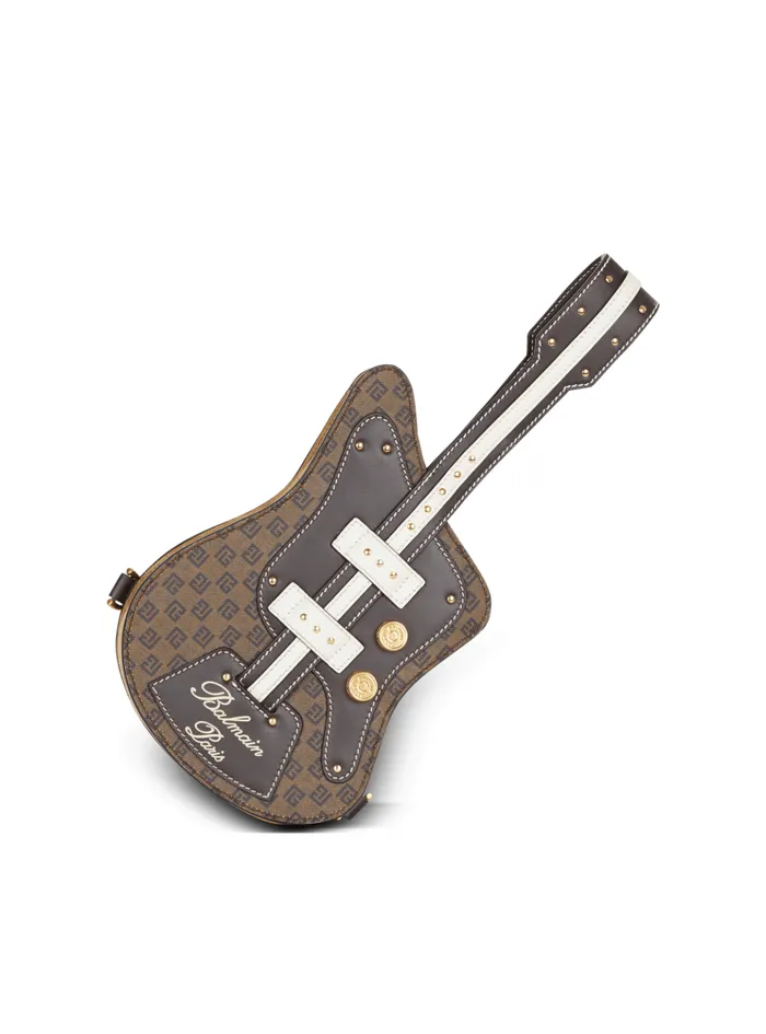 Guitar Bag Clutch With Leather And Monogram Detailing Brown Women Balmain Handbags