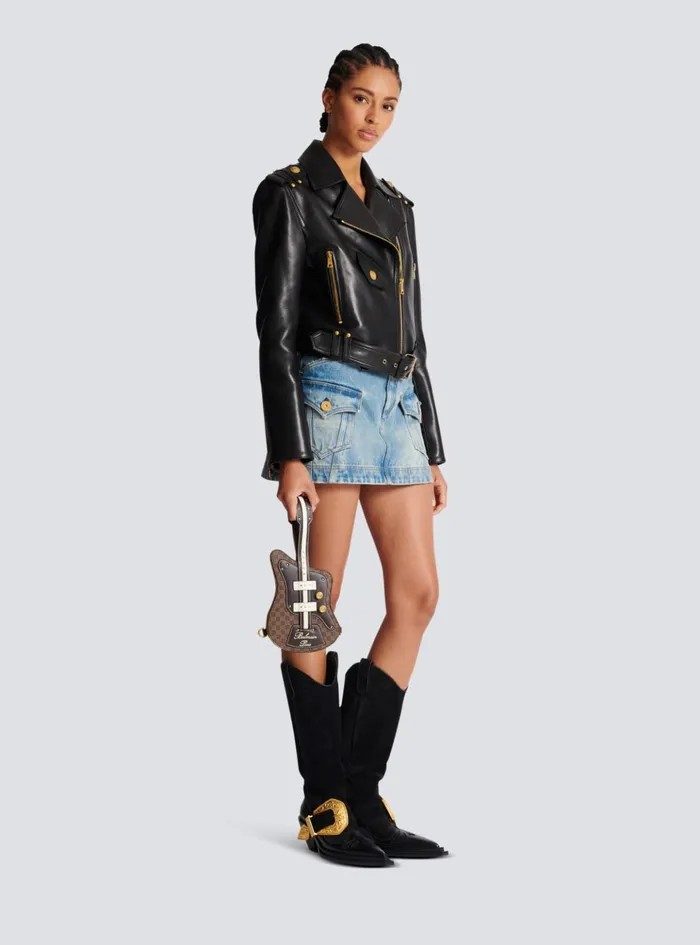 Guitar Bag Clutch With Leather And Monogram Detailing Brown Women Balmain Handbags