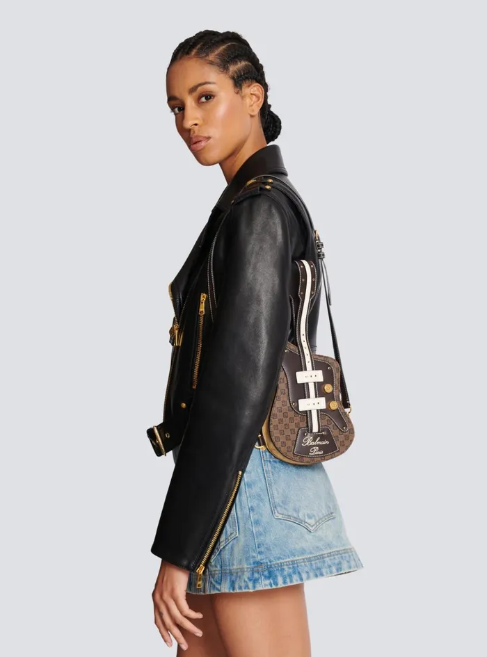 Guitar Bag Clutch With Leather And Monogram Detailing Brown Women Balmain Handbags