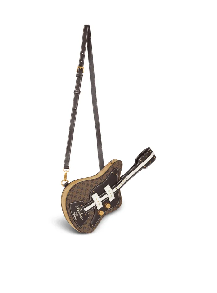 Guitar Bag Clutch With Leather And Monogram Detailing Brown Women Balmain Handbags