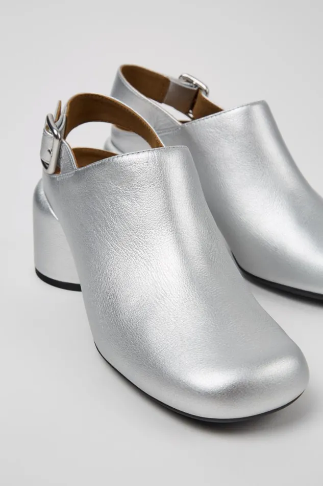 Heels Women Camper Niki Silver Leather SemiOpen Shoes