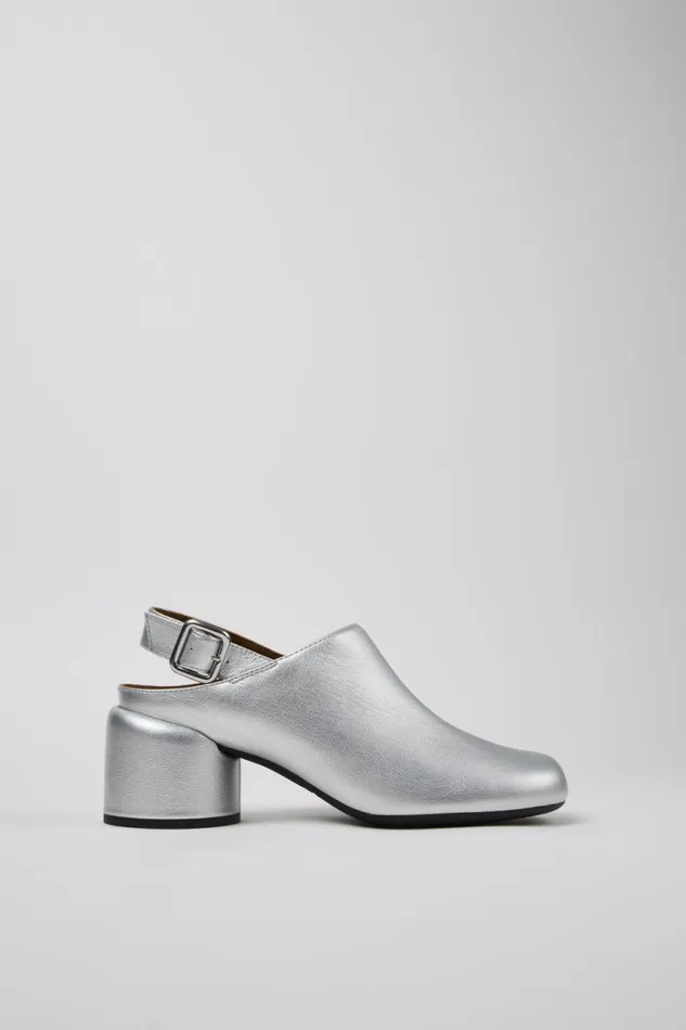 Heels Women Camper Niki Silver Leather SemiOpen Shoes