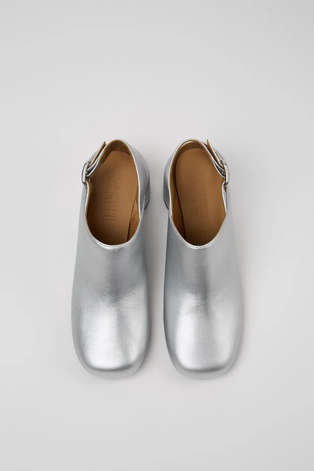 Heels Women Camper Niki Silver Leather SemiOpen Shoes