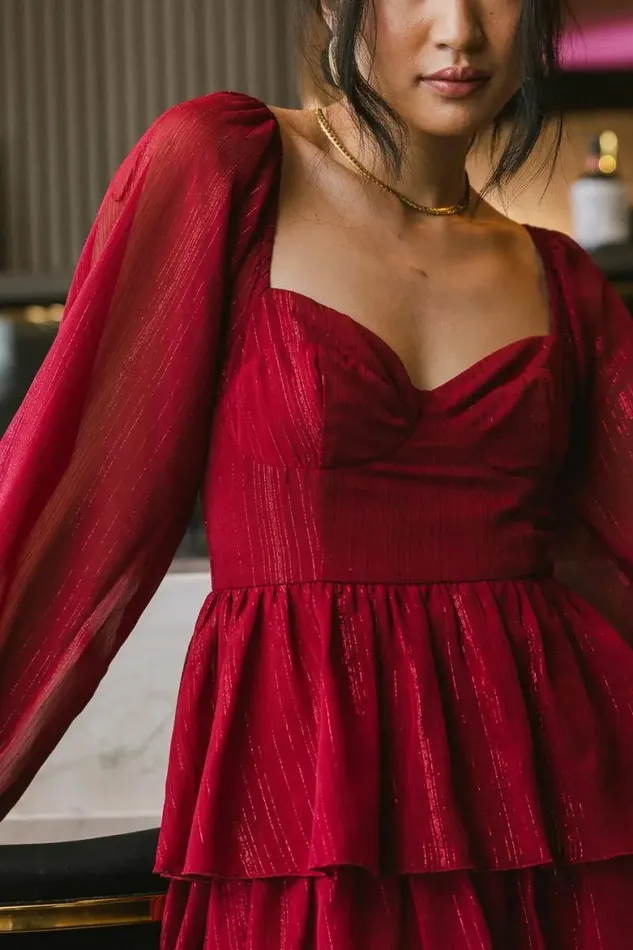 Kristina Tiered Shimmer Dress Burgundy Women Bohme Dresses
