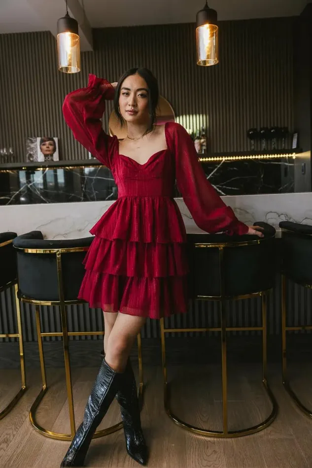 Kristina Tiered Shimmer Dress Burgundy Women Bohme Dresses