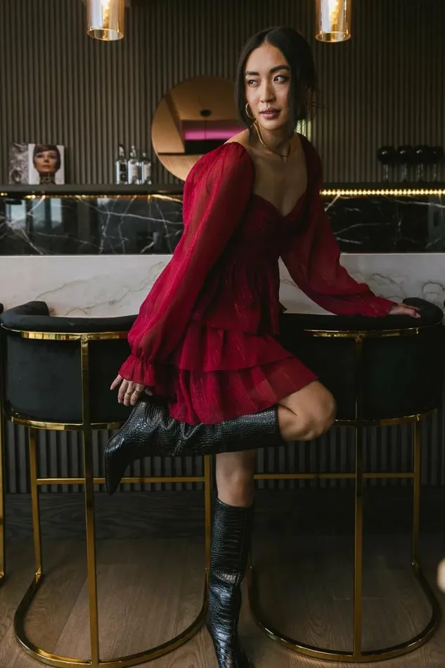Kristina Tiered Shimmer Dress Burgundy Women Bohme Dresses