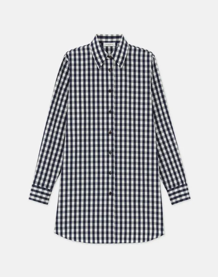 Lafayette 148 New York Gingham Crinkle CottonLinen Oversized Shirt Midnight Blue Multi Ready To Wear Blouses and Shirts
