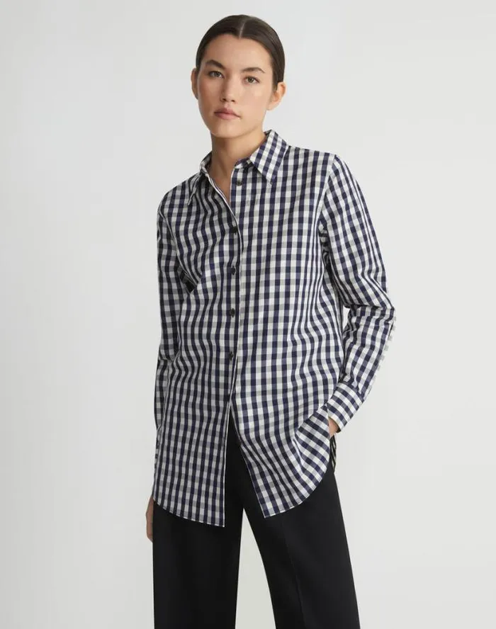 Lafayette 148 New York Gingham Crinkle CottonLinen Oversized Shirt Midnight Blue Multi Ready To Wear Blouses and Shirts