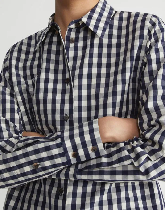 Lafayette 148 New York Gingham Crinkle CottonLinen Oversized Shirt Midnight Blue Multi Ready To Wear Blouses and Shirts