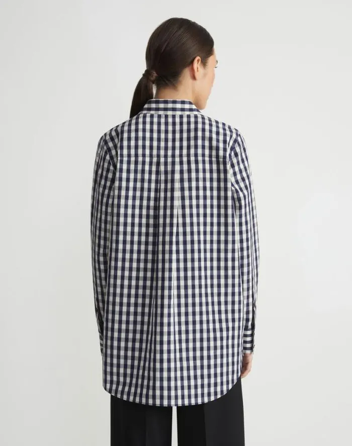 Lafayette 148 New York Gingham Crinkle CottonLinen Oversized Shirt Midnight Blue Multi Ready To Wear Blouses and Shirts
