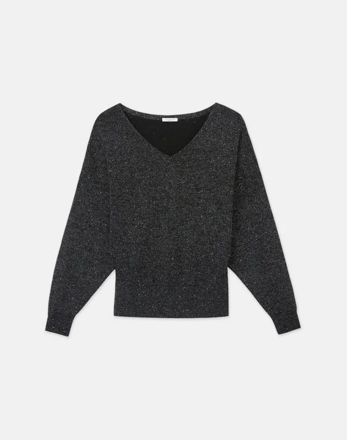 Lafayette 148 New York Merino WoolSequin Silk Blouson Sweater Black Metallic Ready To Wear Sweaters and Knits