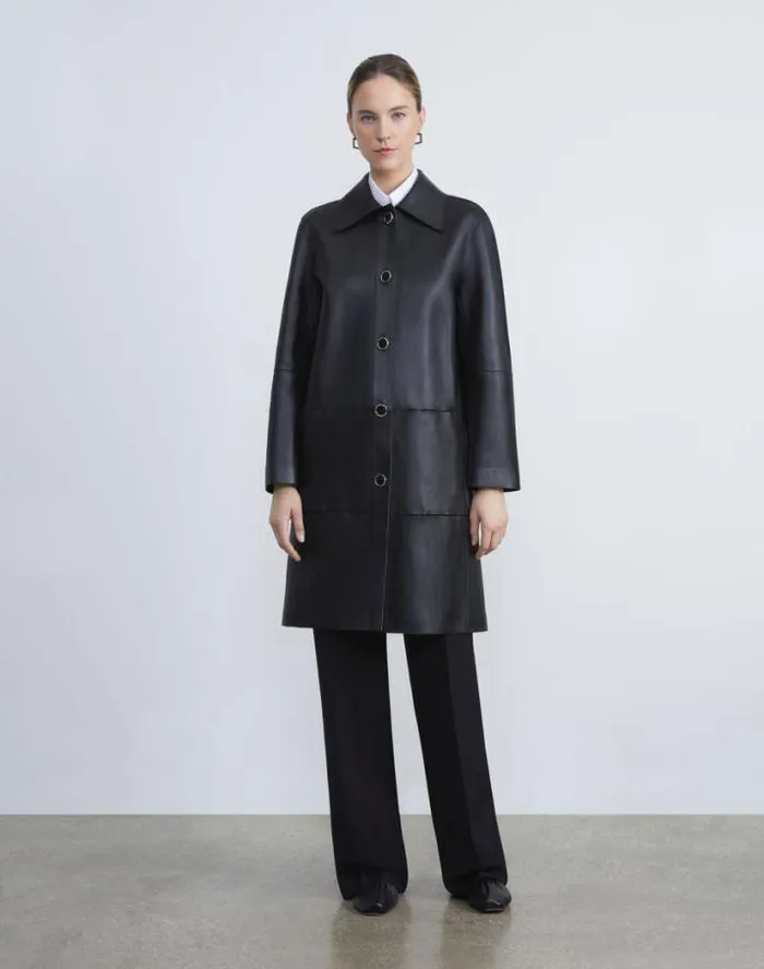 Lafayette 148 New York Nappa Leather Double Face Oversized Coat Black Ready To Wear Leathers and Suedes