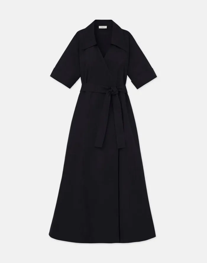Lafayette 148 New York Organic Cotton Poplin Surplice Shirtdress Black Ready To Wear Dresses