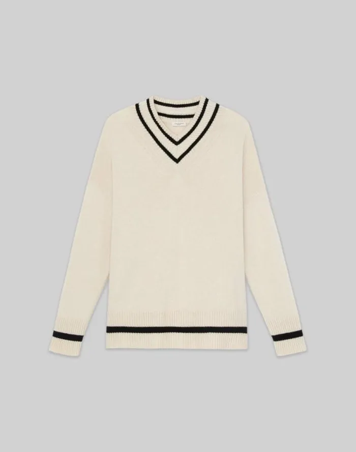 Lafayette 148 New York Stripe Cashmere VNeck Sweater Buff Multi Ready To Wear Sweaters and Knits