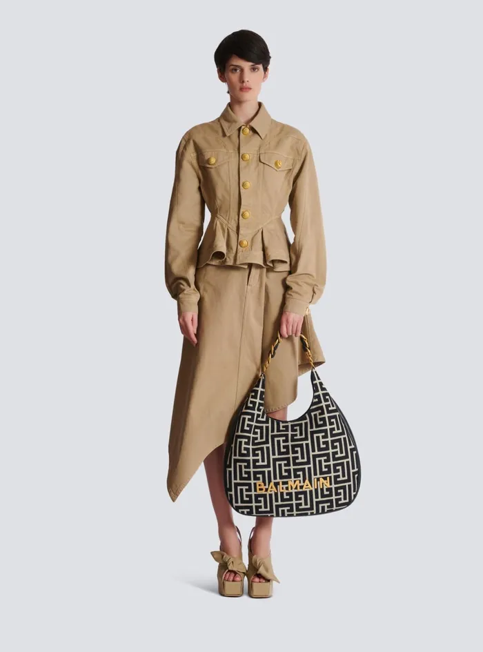 Large 1945 Soft Hobo Bag In Jacquard Fabric With A PB Labyrinth Monogram Black Women Balmain Shoulder Bags