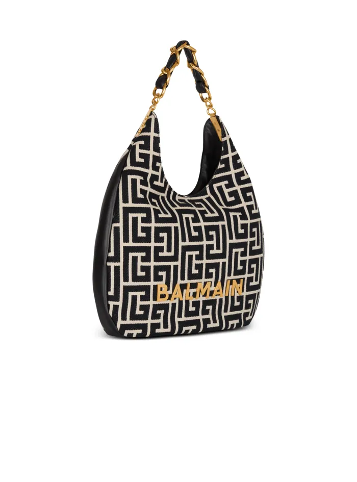 Large 1945 Soft Hobo Bag In Jacquard Fabric With A PB Labyrinth Monogram Black Women Balmain Shoulder Bags