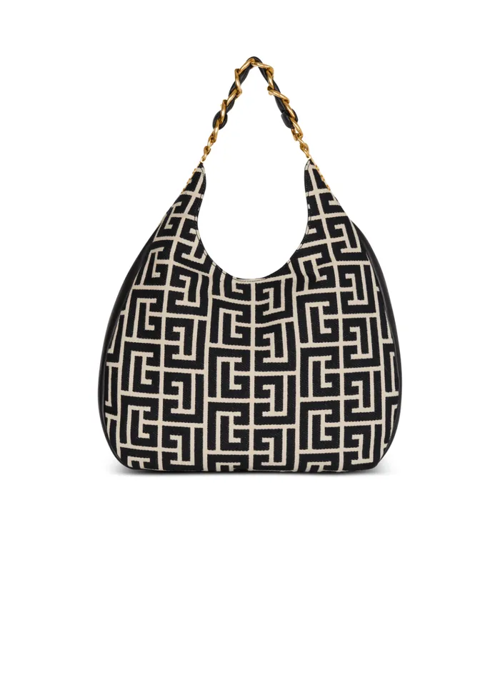 Large 1945 Soft Hobo Bag In Jacquard Fabric With A PB Labyrinth Monogram Black Women Balmain Shoulder Bags