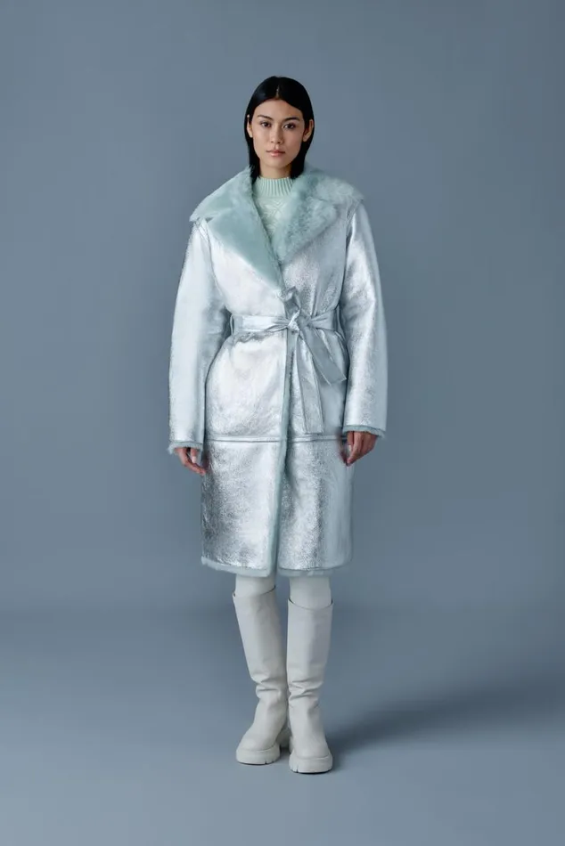 Leather Jackets Women Mackage KIMBERLY Long Leather Shearling Coat Silvermint Leather Jackets Women Mackage KIMBERLY Long Leather Shearling Coat Silvermint