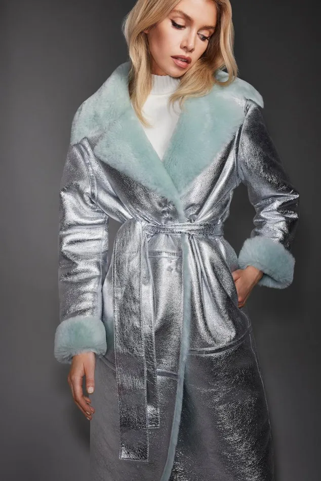 Leather Jackets Women Mackage KIMBERLY Long Leather Shearling Coat Silvermint Leather Jackets Women Mackage KIMBERLY Long Leather Shearling Coat Silvermint