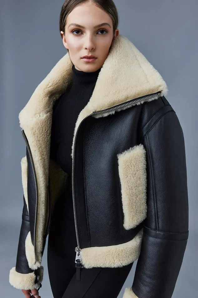 Leather Jackets Women Mackage PENELOPA Sheepskin Jacket With Double Collar Chocolate