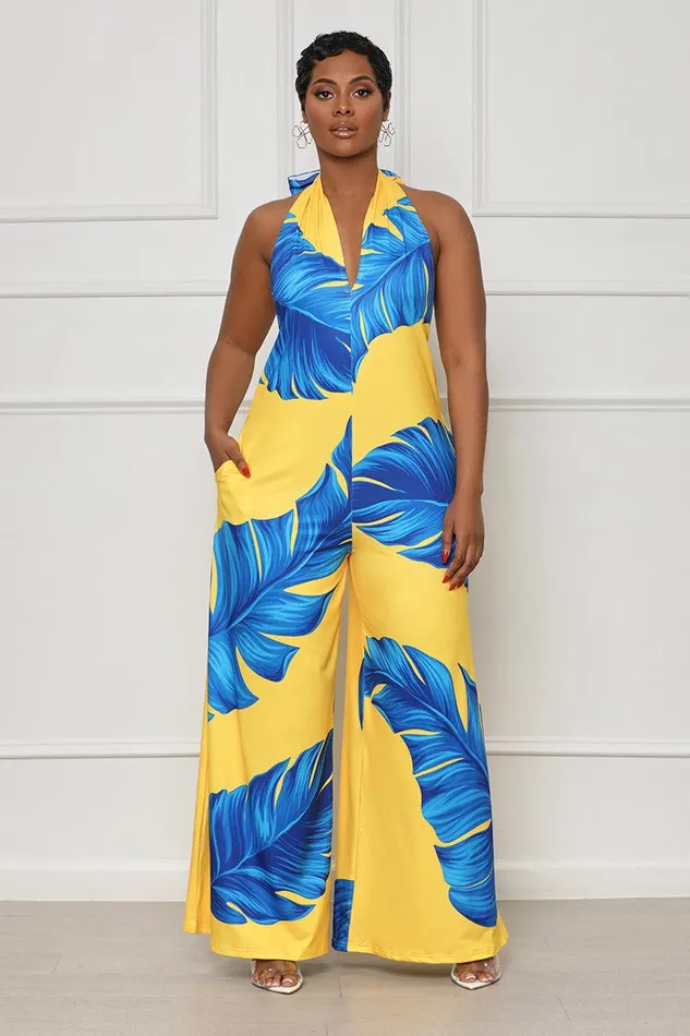 Lilly039s Kloset Jumpsuits and Rompers Women Cabana Palm Print Jumpsuit Yellow Multi FINAL SALE