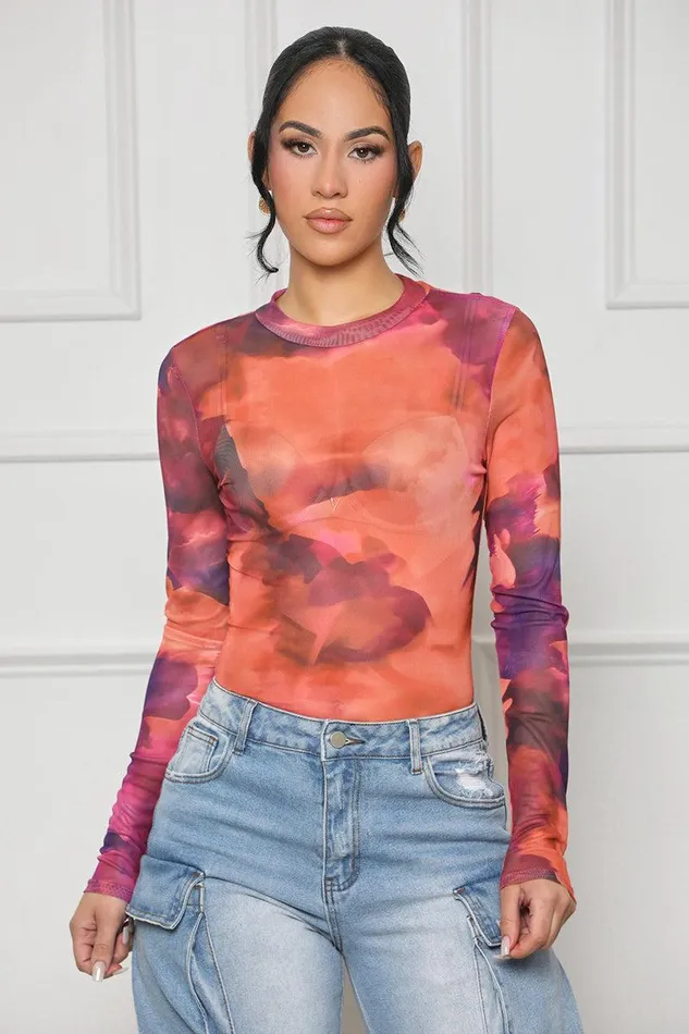Lilly039s Kloset Tops Women Top Priority Mesh Bodysuit Orange MultiFINAL SALE