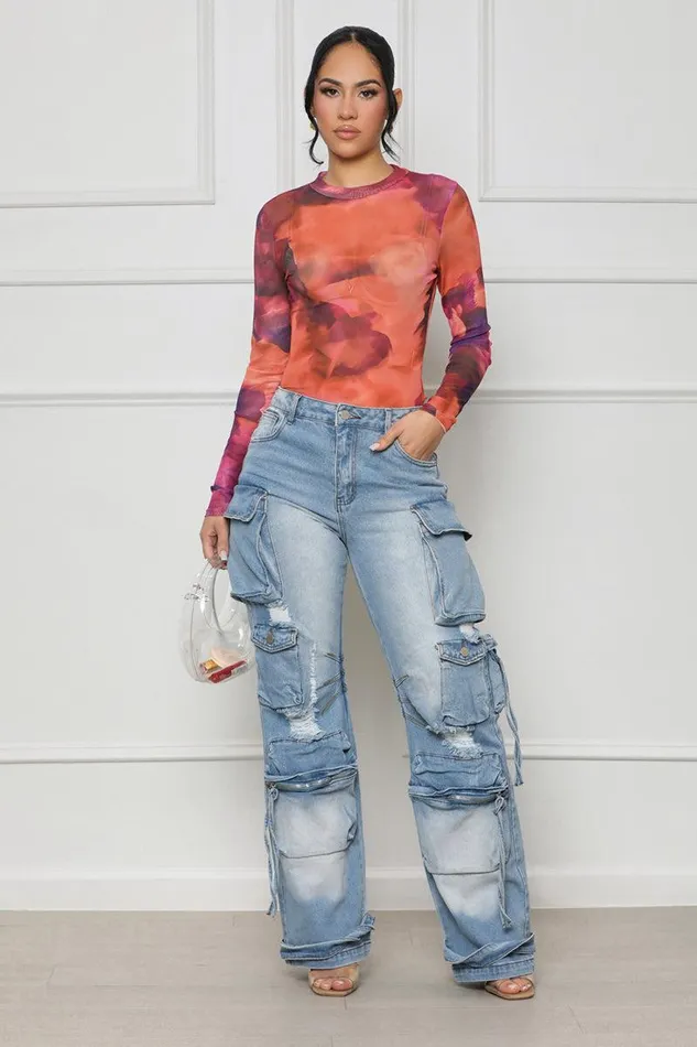 Lilly039s Kloset Tops Women Top Priority Mesh Bodysuit Orange MultiFINAL SALE