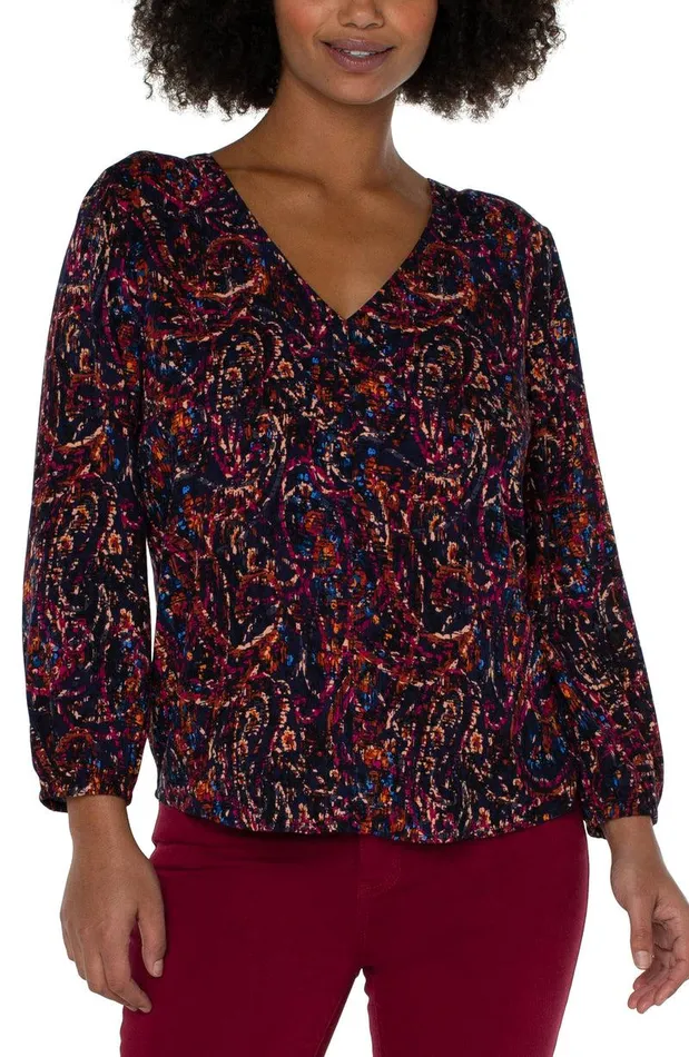 Liverpool Los Angeles 34 SLEEVE DOUBLE VNECK WOVEN TOP Batik Paisley Allover Print Women WOVEN TOPS