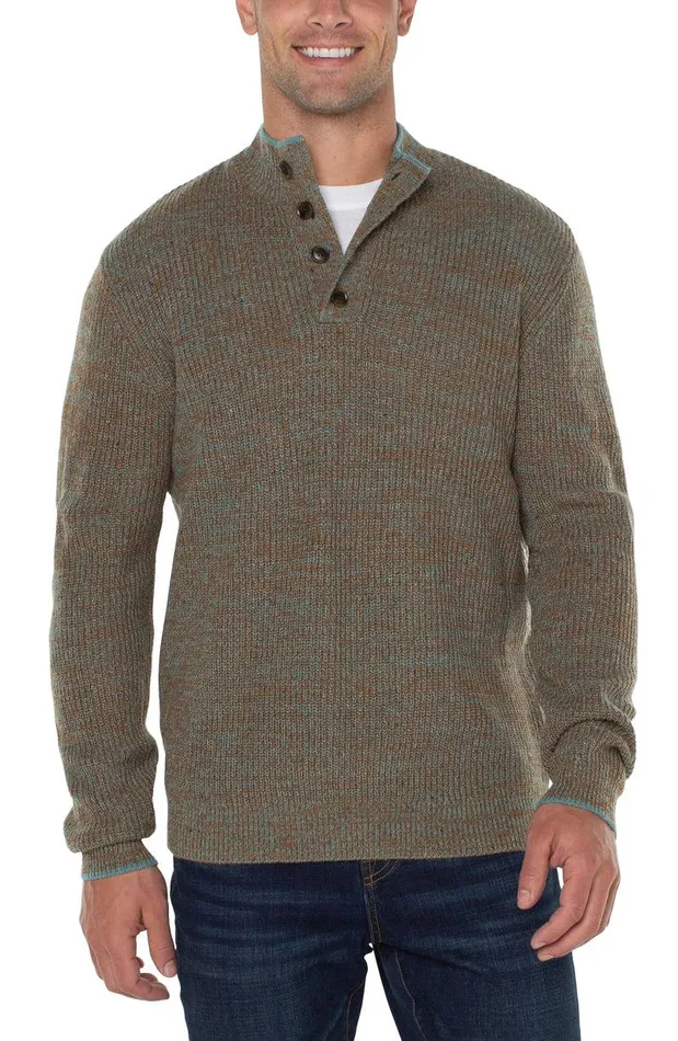 Liverpool Los Angeles BUTTON MOCK NECK SWEATER Caramel Multi Men SWEATERS