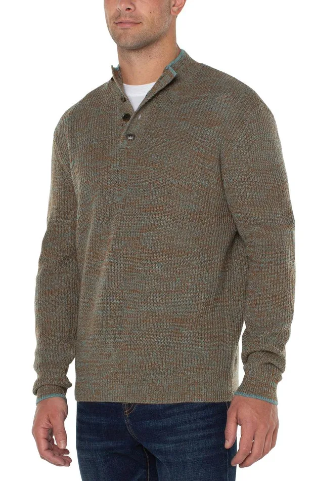 Liverpool Los Angeles BUTTON MOCK NECK SWEATER Caramel Multi Men SWEATERS