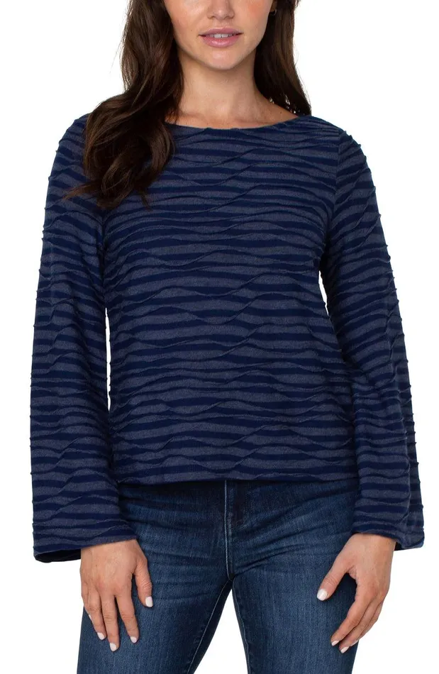 Liverpool Los Angeles FLARED SLEEVE BOAT NECK KNIT TOP Navy Spacedye Stripe Women KNIT TOPS