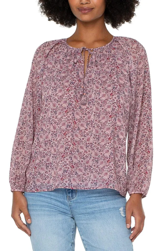 Liverpool Los Angeles LAYERED SHIRRED BLOUSE WITH NECK TIES Wildflower Ditsy Print Women WOVEN TOPS