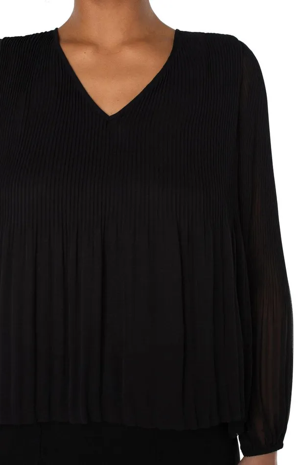 Liverpool Los Angeles LONG SLEEVE VNECK PLEATED TOP Black Women WOVEN TOPS