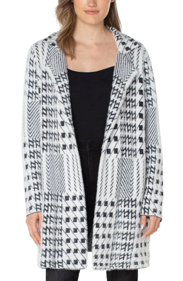 Liverpool Los Angeles OPEN FRONT COATIGAN SWEATER Black White Mixed Plaid Women COATIGANS