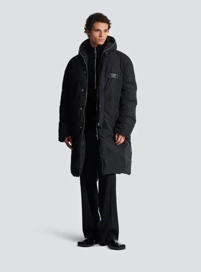 Long Down Nylon Jacket With Label Black Men Balmain Outerwear
