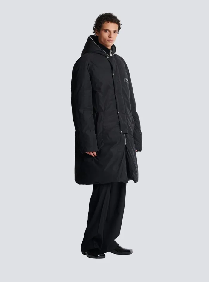 Long Down Nylon Jacket With Label Black Men Balmain Outerwear