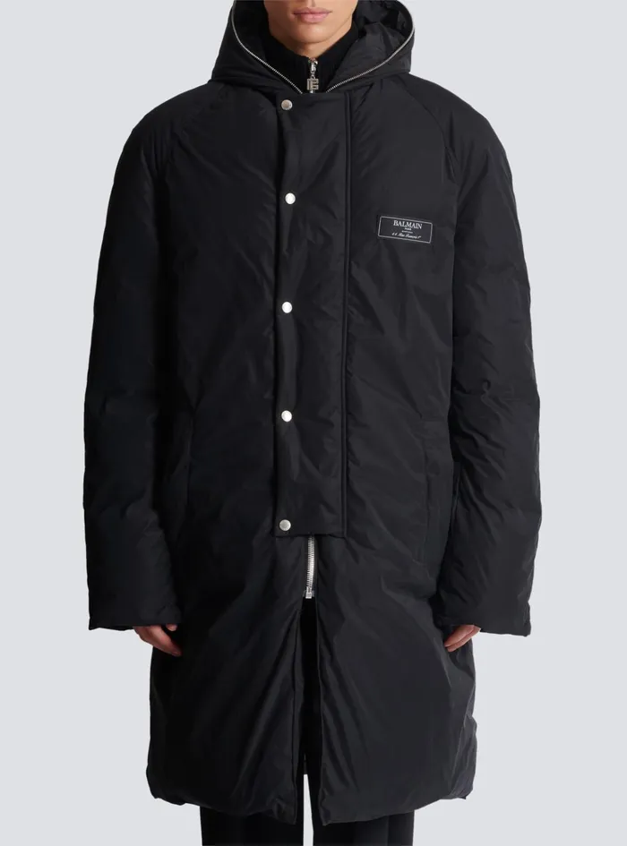 Long Down Nylon Jacket With Label Black Men Balmain Outerwear
