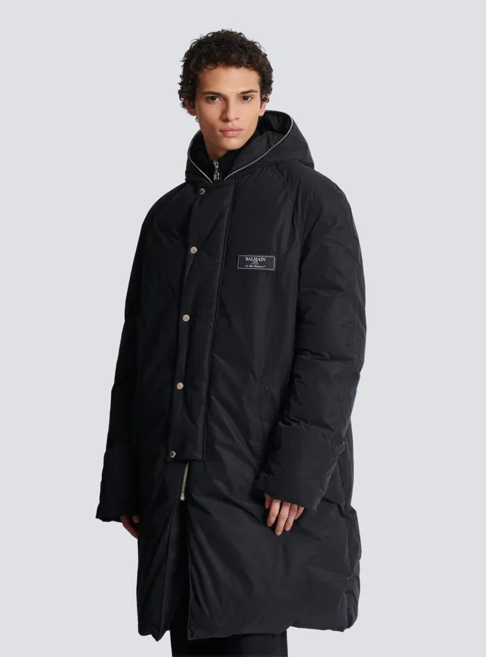 Long Down Nylon Jacket With Label Black Men Balmain Outerwear