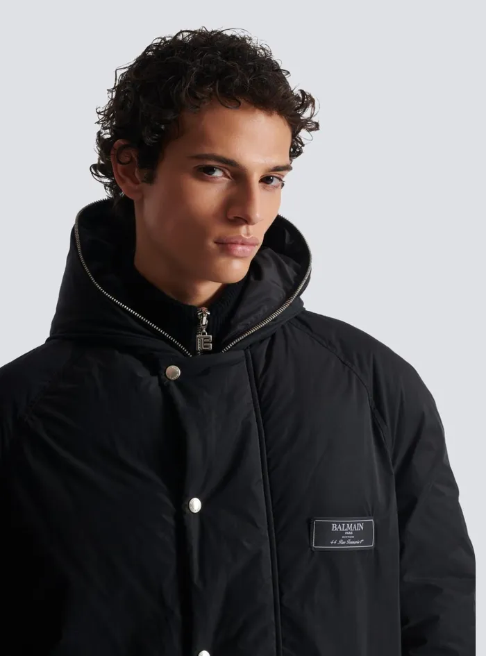 Long Down Nylon Jacket With Label Black Men Balmain Outerwear