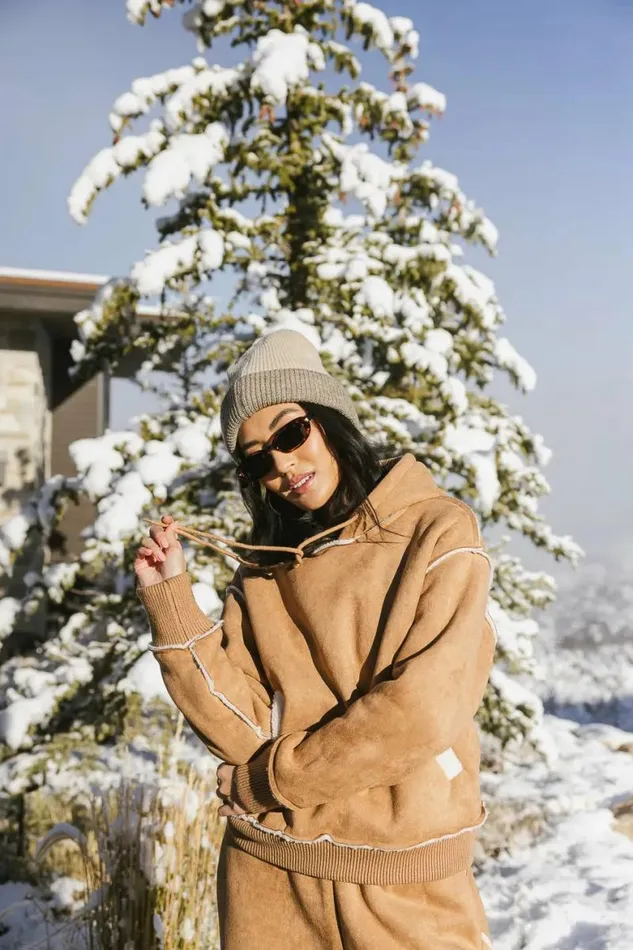 Mattie Faux Shearling Hoodie In Camel Camel Women Bohme Sets