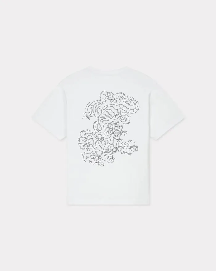 Men 039KENZO Star Tiger039 Oversized Embroidered Tshirt In Cotton Off White Kenzo Tshirts And Polos