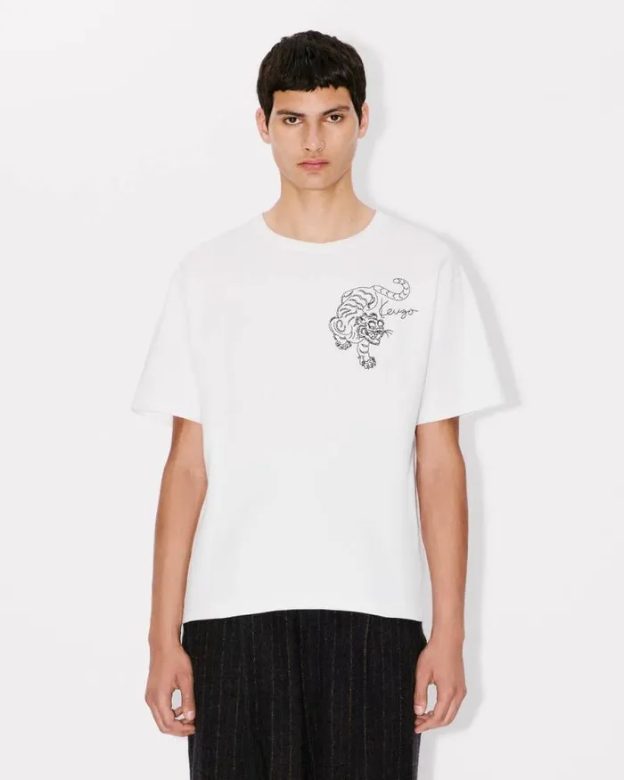 Men 039KENZO Star Tiger039 Oversized Embroidered Tshirt In Cotton Off White Kenzo Tshirts And Polos