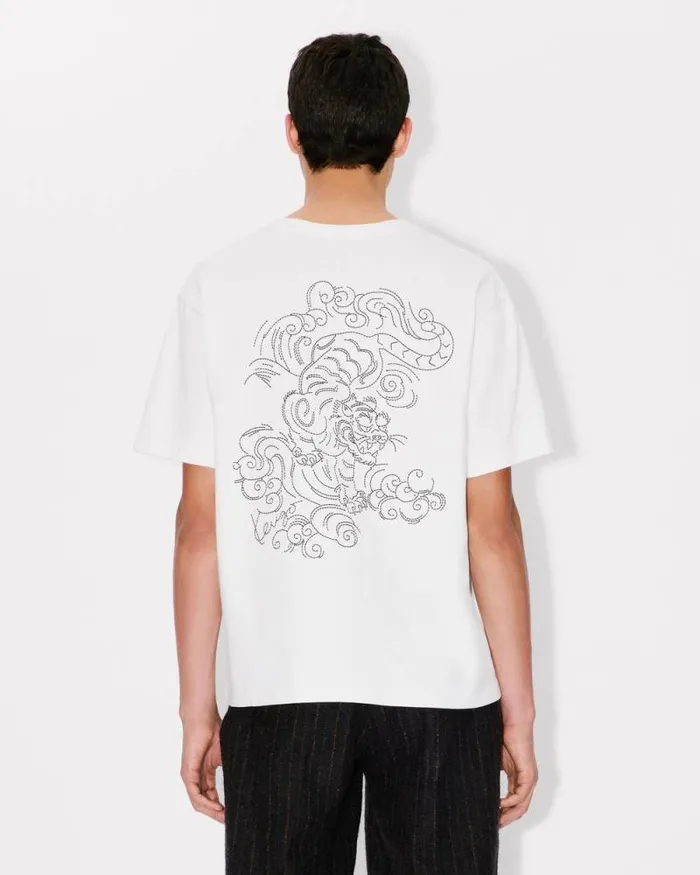Men 039KENZO Star Tiger039 Oversized Embroidered Tshirt In Cotton Off White Kenzo Tshirts And Polos