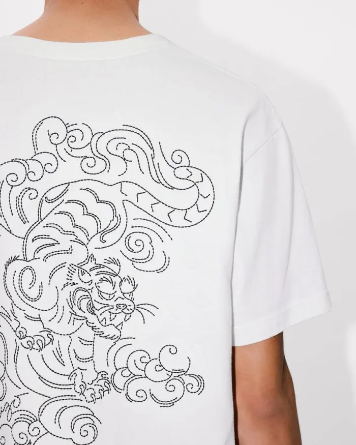 Men 039KENZO Star Tiger039 Oversized Embroidered Tshirt In Cotton Off White Kenzo Tshirts And Polos