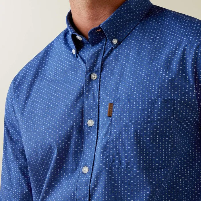 Men Button Down Shirts Ariat Ditsy Stretch Modern Fit Shirt Blue