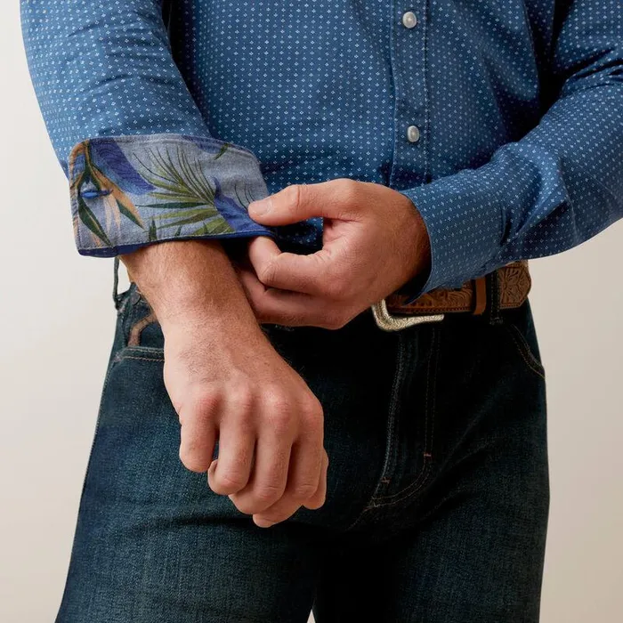 Men Button Down Shirts Ariat Ditsy Stretch Modern Fit Shirt Blue