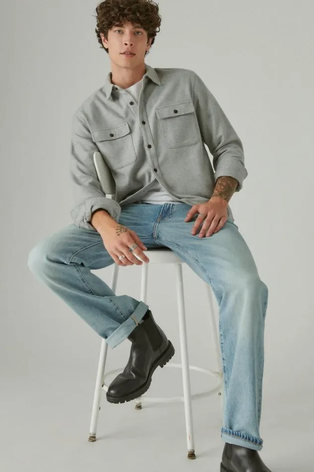 Men Lucky Brand ButtonDowns Solid Utility Cloud Soft Long Sleeve Flannel Grey Heather